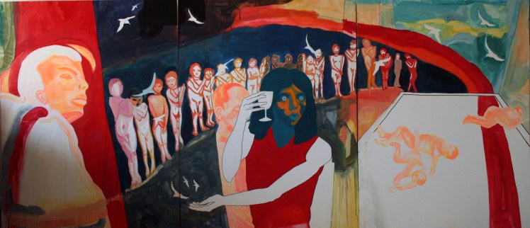 Performance Triptych. Oil, Gloss, Pigment, Marker Pen