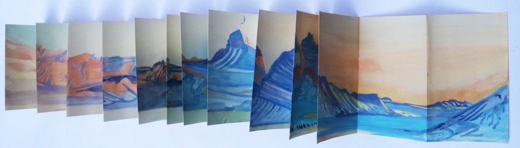 Blandal Sunrise, Ny Alesund, Concertina Sketchbook, Watercolour, Gouache, Pigment.